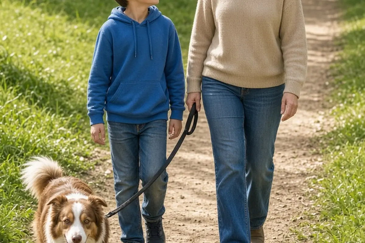 A mother in her thirties with wavy brown hair and a ten-year-old child with short brown hair walking a dog on a leash in a sunny park along a dirt path, the mother engaging in conversation with the ch