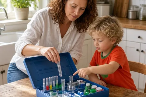 A mother with shoulder-length wavy auburn hair wearing a white blouse and her young child with short curly blonde hair wearing a t-shirt sit at a wooden table assembling a science kit with colorful te