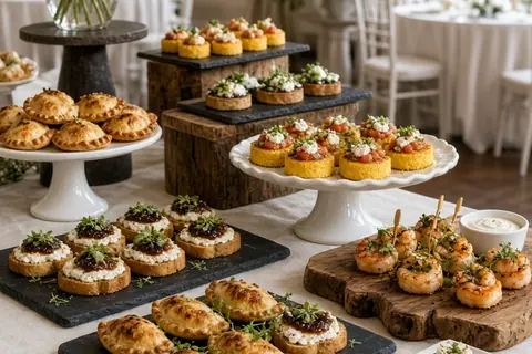 Elegantly arranged affordable finger foods on slate slabs, wooden carving boards, ceramic platters, and elevated stands at a wedding reception