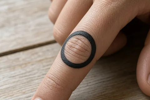 Extreme close-up of an adult hand with a healed black ink tattooed ring band on the fingertip resting on a wooden surface