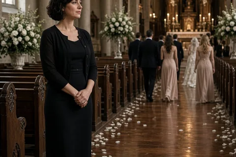 A wedding guest standing quietly to the side of the center aisle in a church during the bridal procession, dressed in a black dress, with the empty aisle and wedding party visible in the distance