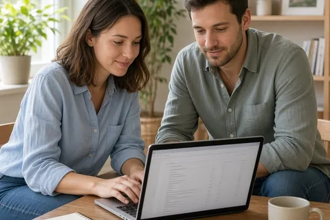 A woman with shoulder-length brown hair types on a laptop in a home office while a man with short brown hair sits beside her reviewing the screen with blurred content