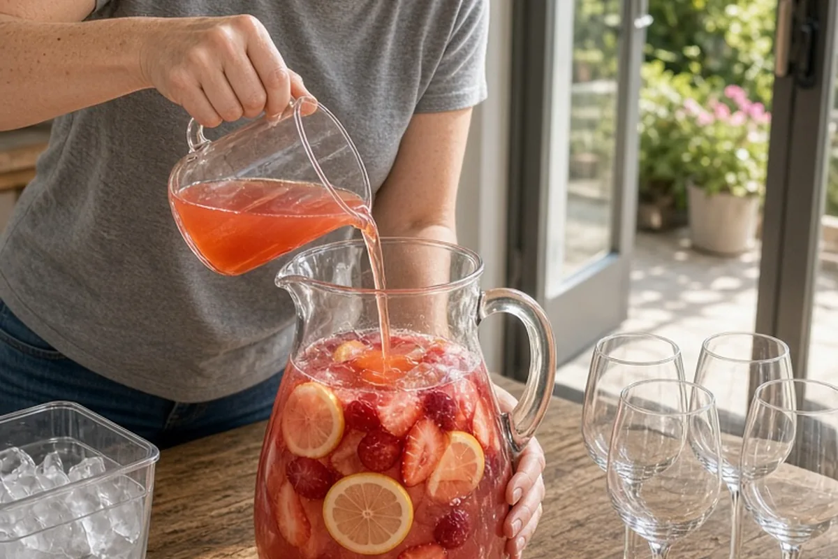 A clearly adult woman with shoulder-length auburn hair in a casual gray t-shirt and jeans mixing a large pitcher of rosé sangria filled with sliced strawberries and lemon wheels on a wooden patio tabl