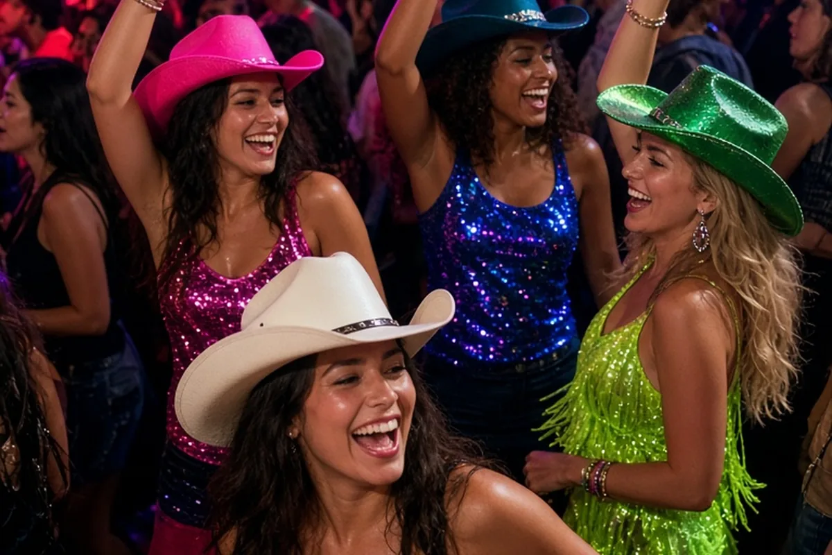 Four adult women dancing on a crowded dance floor in a nightclub with colorful neon lights and other partygoers visible in the background