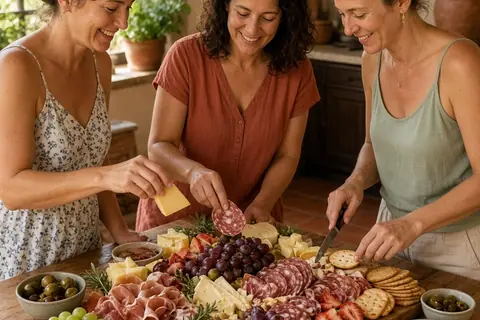 Three adult women in a kitchen assembling a charcuterie board on a wooden island with cheeses, meats, fruits, and crackers visible