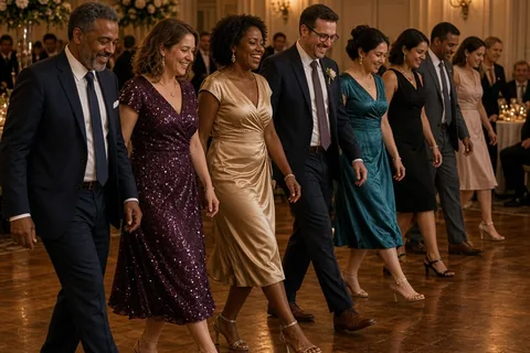 Diverse group of adults dancing the Cupid Shuffle line dance at a wedding reception