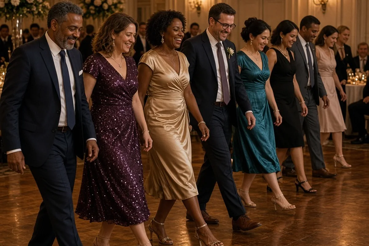 Diverse group of adults dancing the Cupid Shuffle line dance at a wedding reception