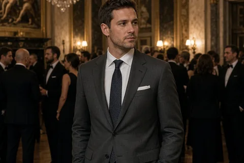 A man in his thirties with short brown hair in a tailored charcoal gray suit, white shirt, navy tie, and black oxfords standing in a formal art museum ballroom