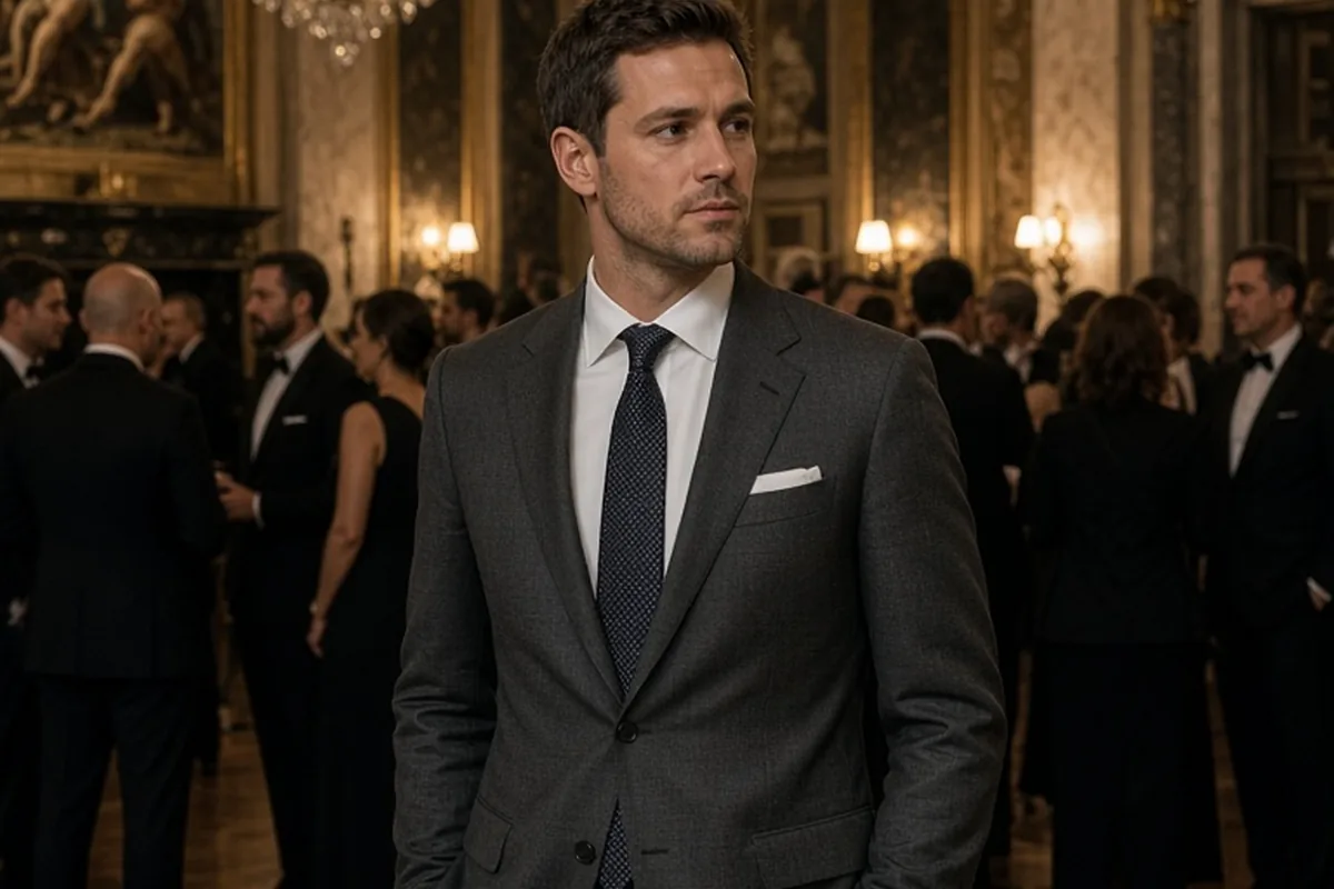 A man in his thirties with short brown hair in a tailored charcoal gray suit, white shirt, navy tie, and black oxfords standing in a formal art museum ballroom