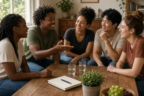 A group of young adults gathered around a wooden dining table in a home, one person gesturing as they discuss wedding planning