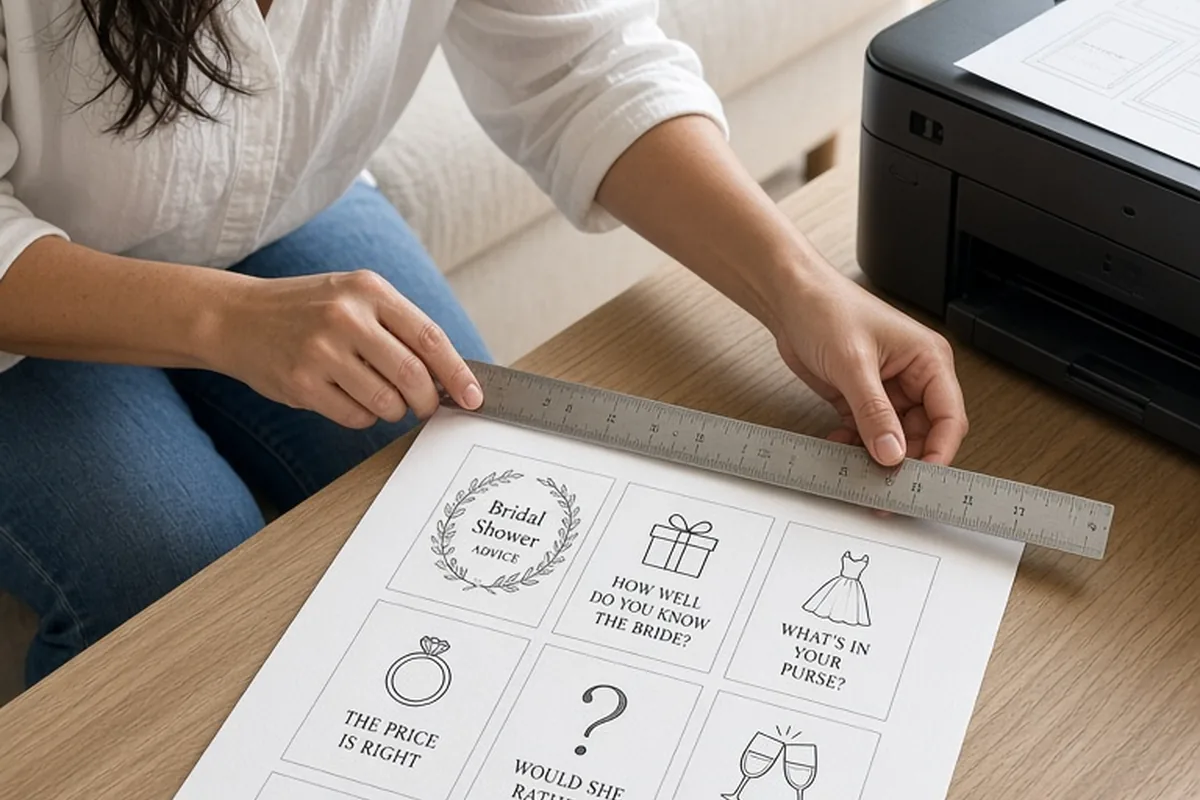 A woman inspecting a printed test sheet of bridal shower game cards with a ruler next to a printer on a coffee table