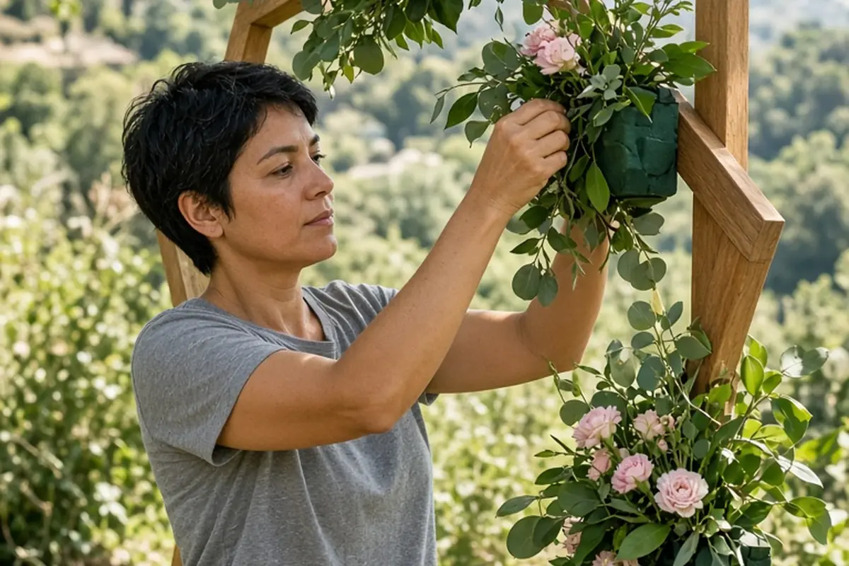 A clearly adult woman with short cropped black hair and casual gray t-shirt and jeans carefully attaching asymmetrical greenery clusters to a wooden arch frame on a scenic hillside garden during natur