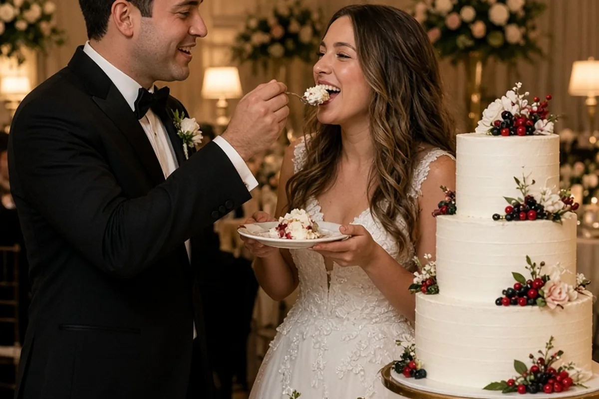 A groom feeding a bride a piece of wedding cake from his fork at the reception cake table