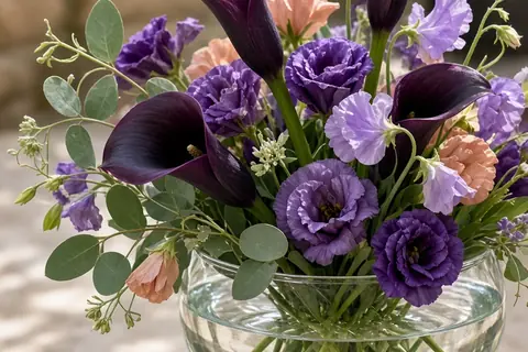 Close-up of purple calla lilies, lisianthus and sweet peas submerged in water in a deep bowl on a wedding table