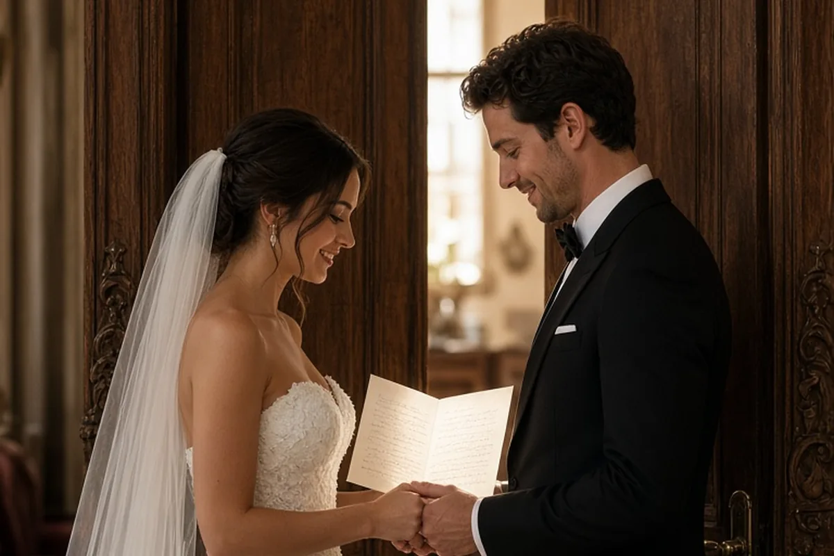 Bride and groom back-to-back holding hands reading letters at an antique wooden doorway during a wedding