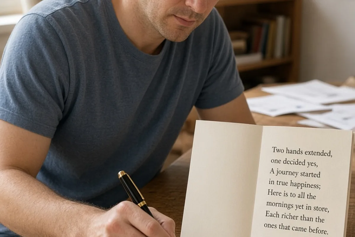 A man in his thirties with short brown hair writing a personal note on an index card with an engagement poem beside it on a wooden desk