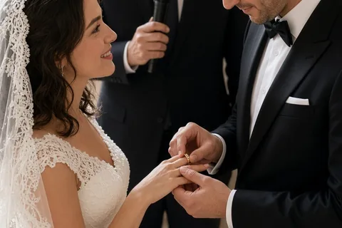the groom placing the wedding ring on the bride's finger at the altar with the officiant present