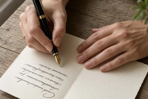 A close-up of a woman's hands in her forties with short dark hair writing a poem on an open greeting card with a fountain pen at a wooden desk