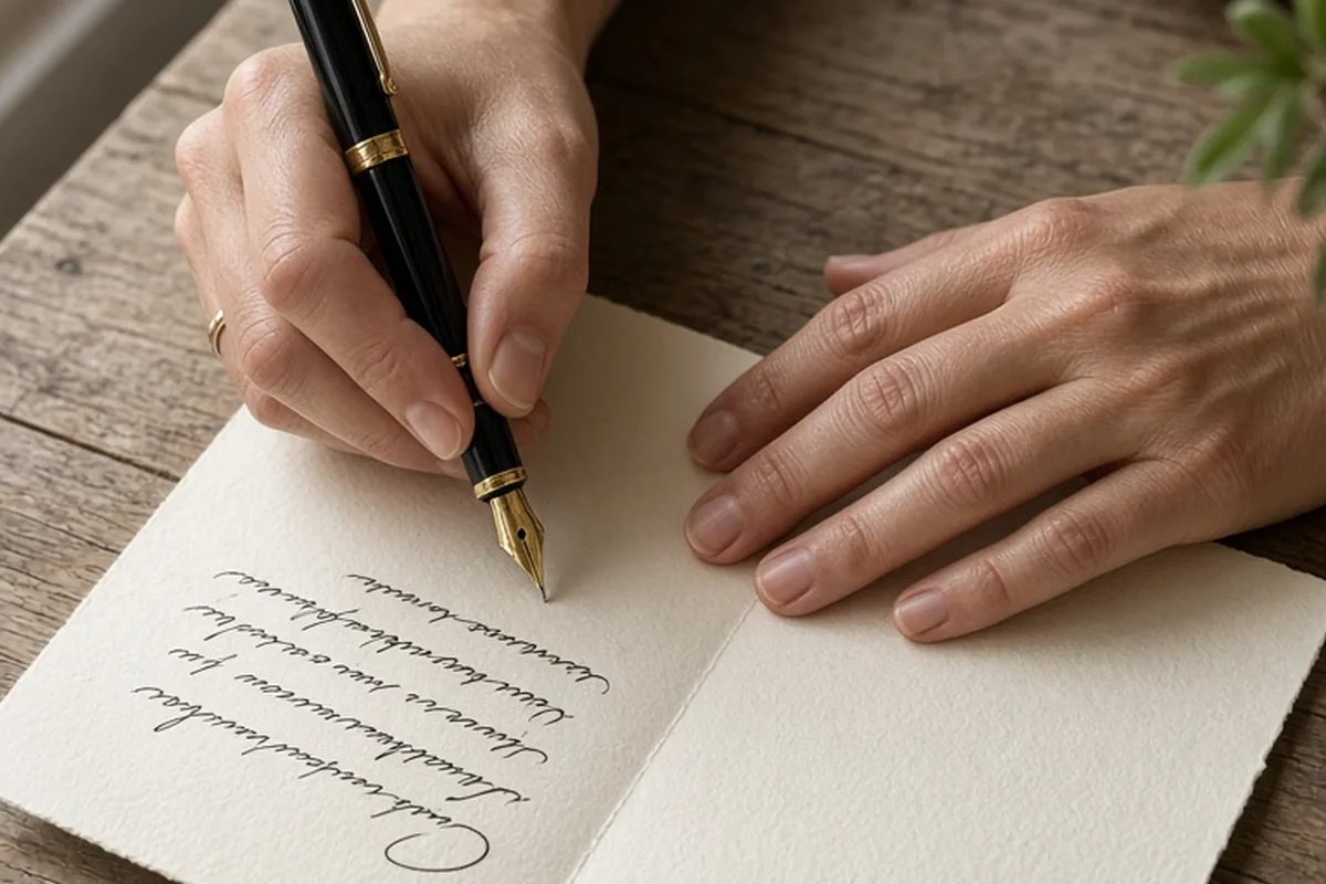 A close-up of a woman's hands in her forties with short dark hair writing a poem on an open greeting card with a fountain pen at a wooden desk