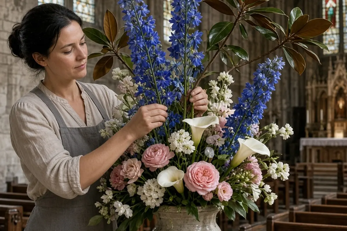 Large floral urn filled with roses calla lilies and delphiniums on a stone pedestal in a church sanctuary with stained glass visible in the background