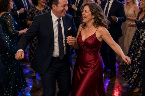 Vibrant wedding reception dance floor with diverse adult guests dancing energetically, a DJ visible in the background