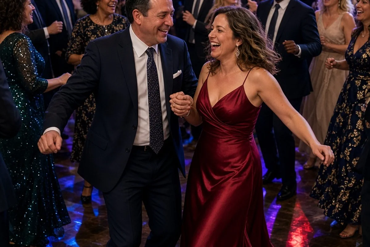 Vibrant wedding reception dance floor with diverse adult guests dancing energetically, a DJ visible in the background