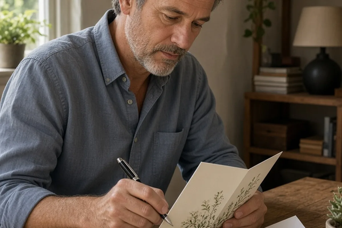 A man writing a heartfelt card to accompany a wedding gift at his desk, with an envelope and cash nearby