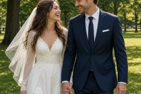 A clearly adult couple holding hands and walking slowly toward the camera in a park, both smiling and looking at each other with natural laughter, the woman in a white wedding gown and the man in a su