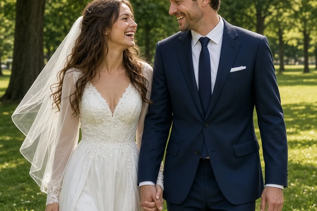 A clearly adult couple holding hands and walking slowly toward the camera in a park, both smiling and looking at each other with natural laughter, the woman in a white wedding gown and the man in a su