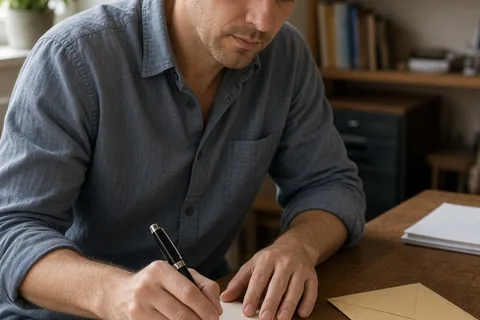 A man in his thirties with short brown hair writing a letter at a wooden desk using a fountain pen, with stationery and an envelope nearby, in soft natural light from a window.