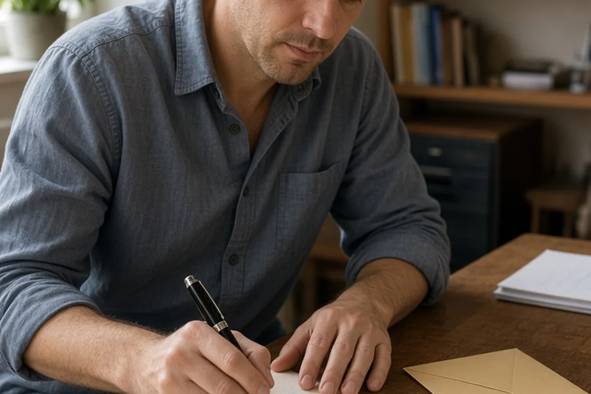 A man in his thirties with short brown hair writing a letter at a wooden desk using a fountain pen, with stationery and an envelope nearby, in soft natural light from a window.