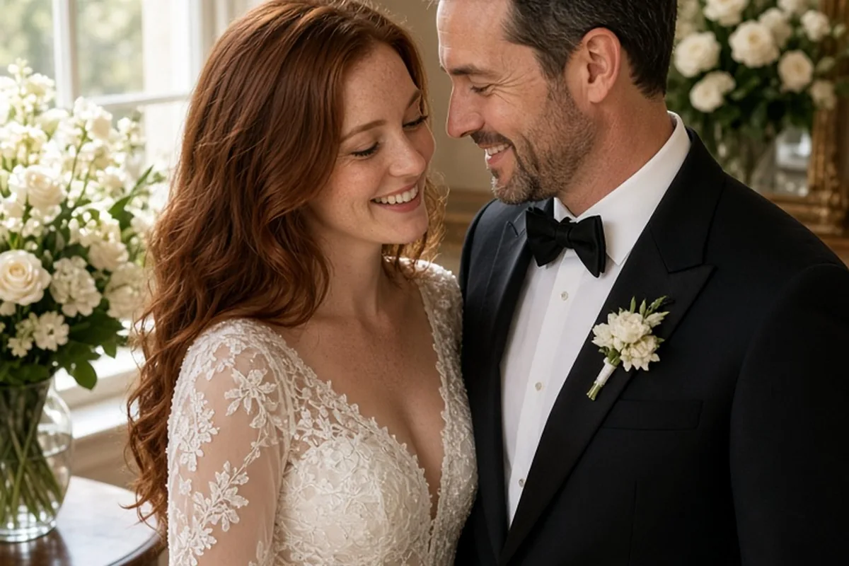 A bride and groom in their mid-twenties and late thirties smiling at each other as they share their first look in a sunlit elegant suite.