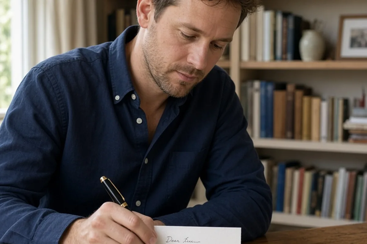 A man at a desk writing the greeting on a blank wedding card in a study