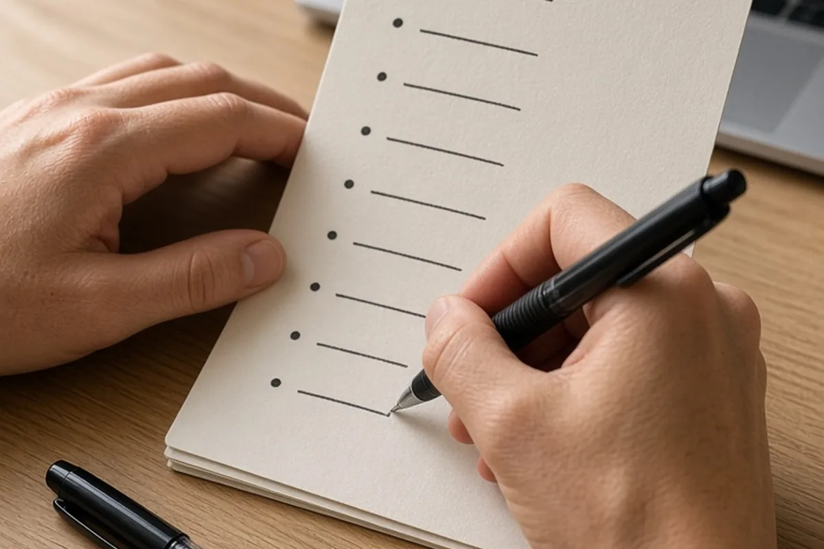 Close-up of hands writing bullet points on index cards on a wooden desk with natural window light