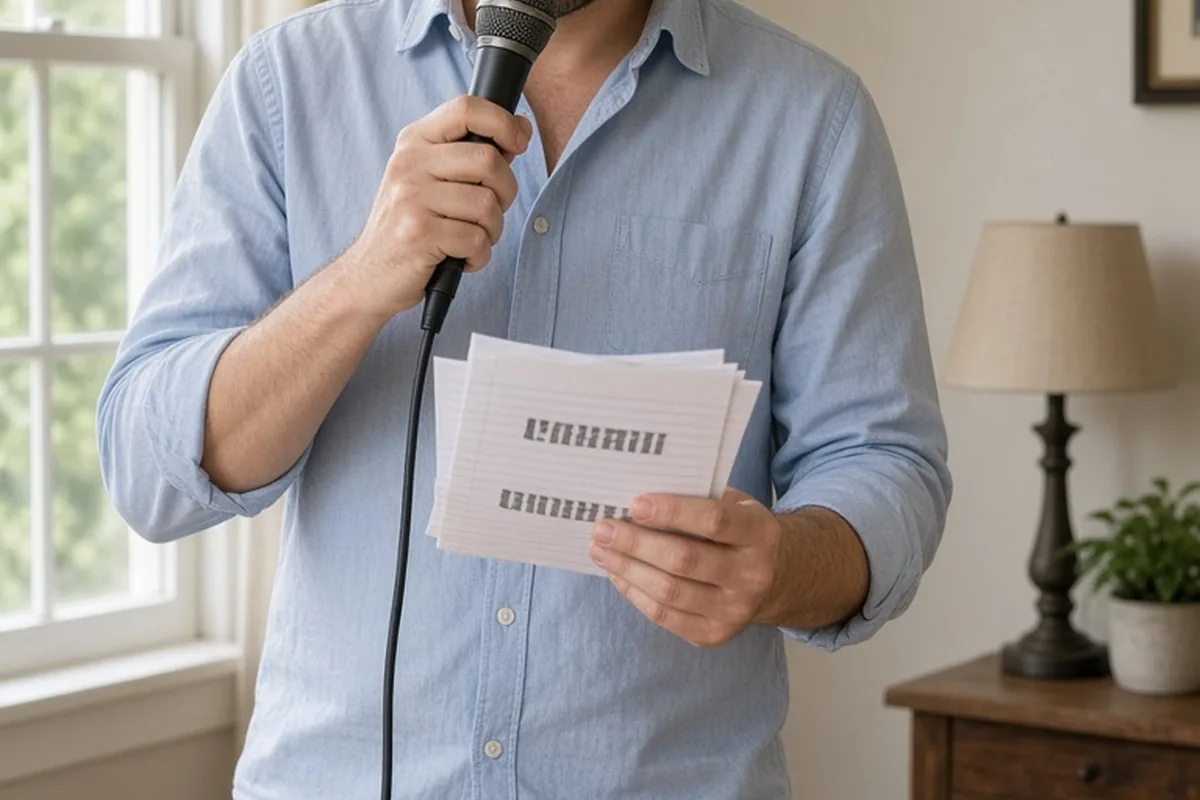 A man in his mid-thirties with short brown hair wearing a light blue button-up shirt and jeans stands in a bright room, holding index cards and speaking into a small microphone placed near his mouth, 