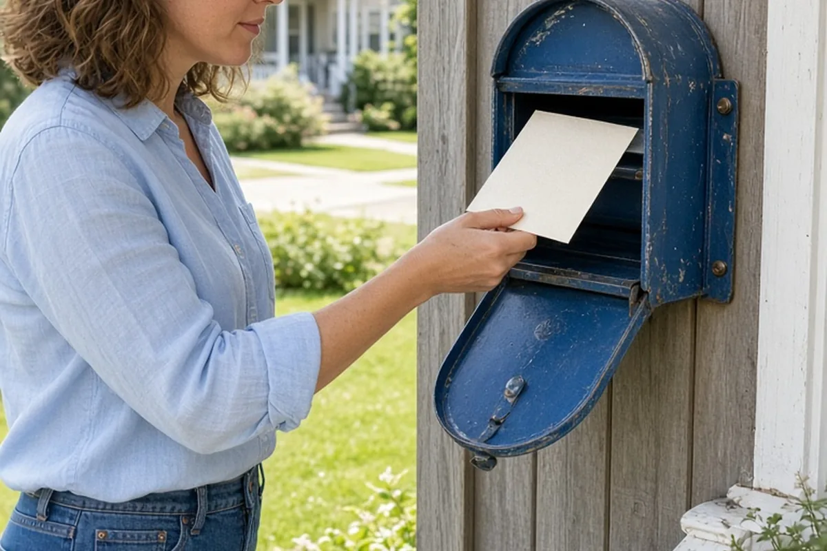 A woman in casual attire placing a cream-colored invitation card into a mailbox outside a house
