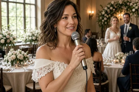 A woman in an elegant cream dress at a wedding reception holds a microphone to her lips and speaks to the guests with a sincere expression