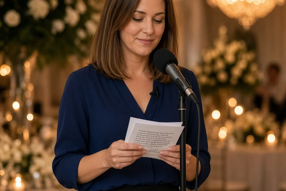 A woman in a navy blouse holding index cards at a microphone at a wedding reception