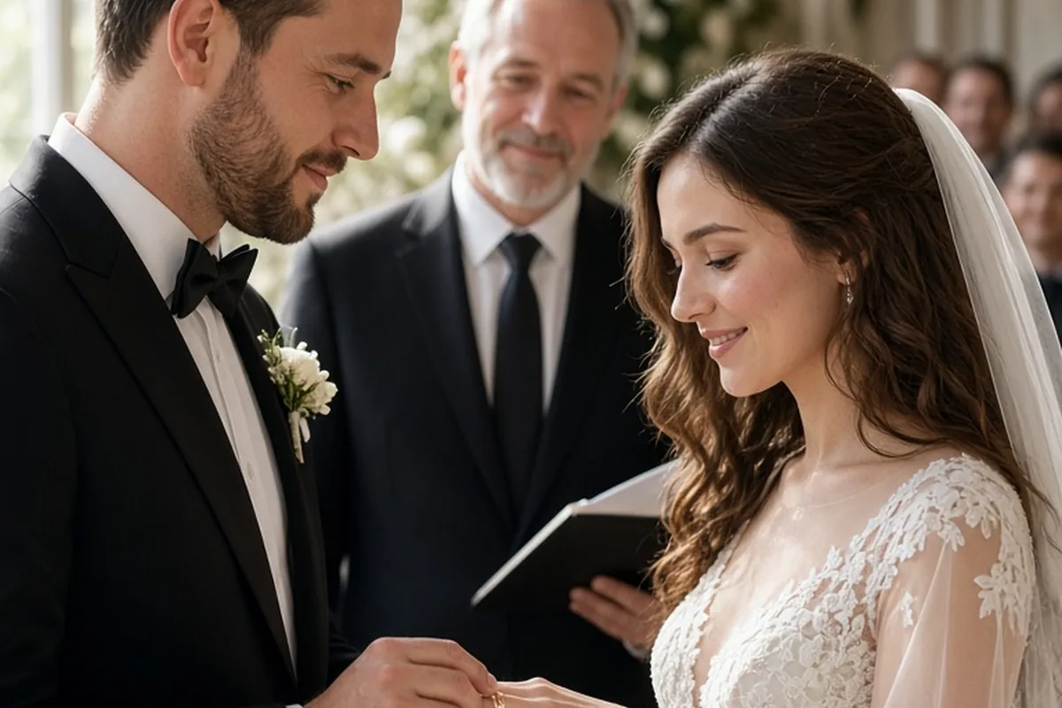 The groom placing a wedding ring on the bride's finger during the wedding vows at the altar