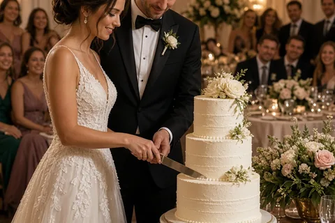 A bride and groom cutting the wedding cake at the reception table with the wedding party and guests in the background