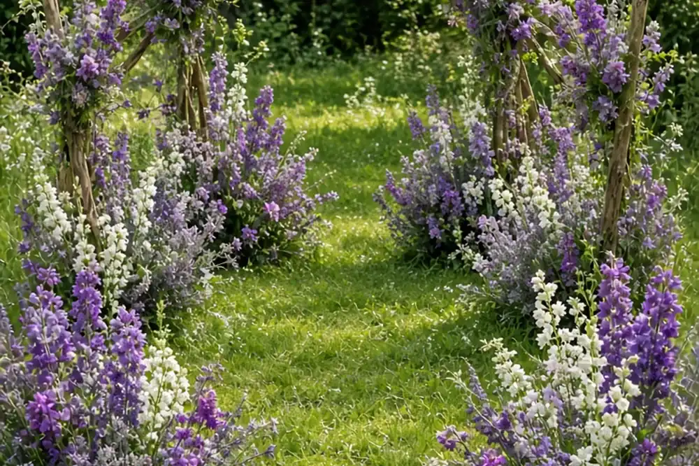Ground-level floral clusters of purple larkspur, lavender, and white snapdragons arranged along an outdoor grassy ceremony aisle with trees in the background