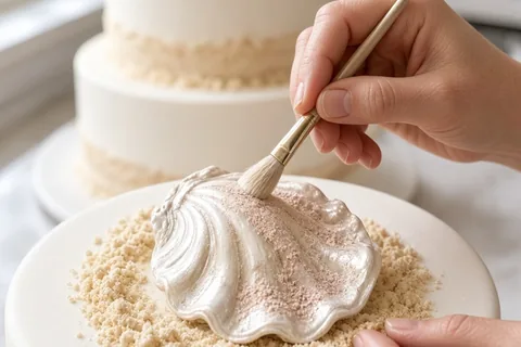 A baker's hands brushing pearlescent luster dust into the crevices of a white chocolate seashell cake topper in a sunlit kitchen, with the decorated shell on a tiered wedding cake