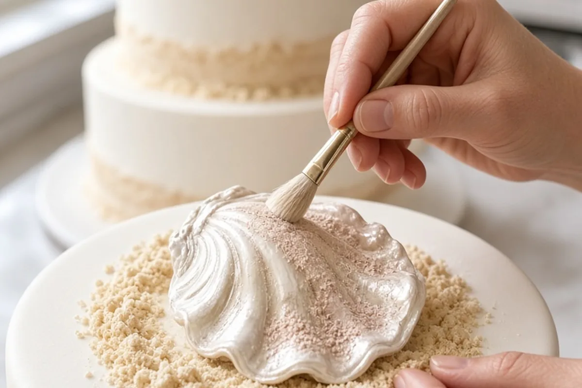 A baker's hands brushing pearlescent luster dust into the crevices of a white chocolate seashell cake topper in a sunlit kitchen, with the decorated shell on a tiered wedding cake