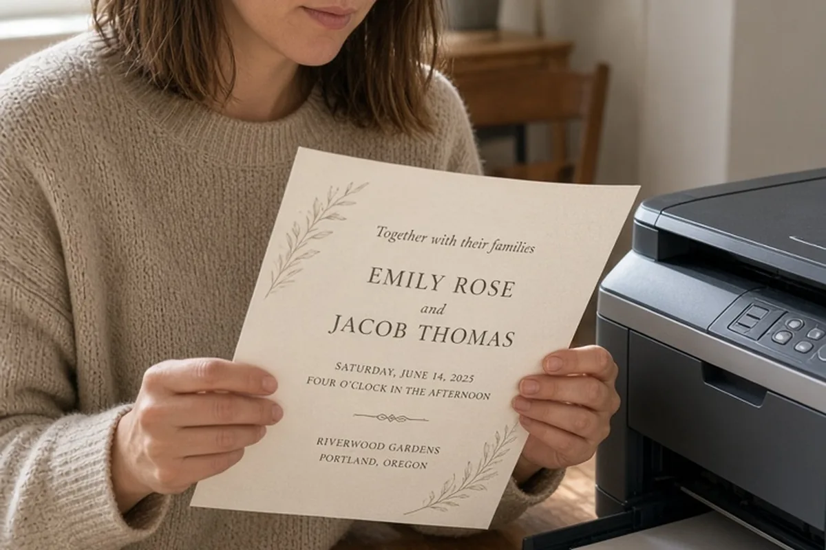 A clearly adult woman in her late twenties with shoulder-length straight brown hair wearing a casual beige sweater and dark trousers holding a freshly printed wedding program on cardstock and inspecti