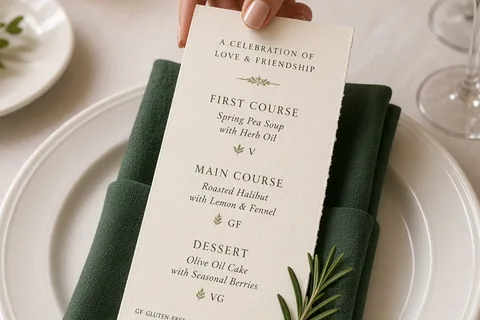 A hand tucking a menu card into a napkin on a dining table at a wedding reception