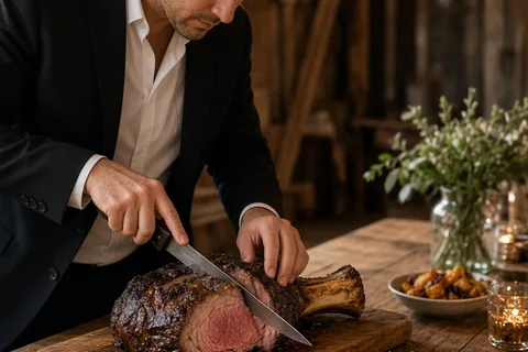 A caterer carving smoked beef tenderloin with horseradish creme fraiche on a white plate at a wedding reception
