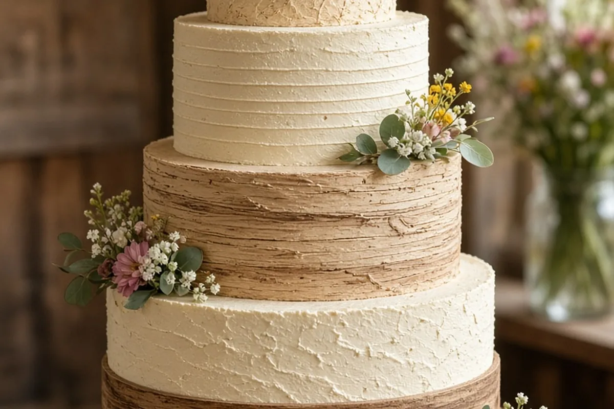 Multi-tiered rustic wedding cake with textured buttercream frosting, wood accents, leather belt detail, and flowers on wooden stand