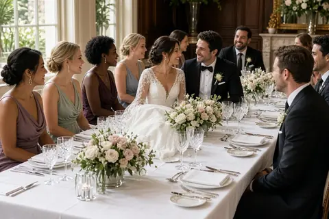 Bride and groom seated at the center of a long rectangular table with wedding attendants and elegant floral centerpieces in a banquet hall