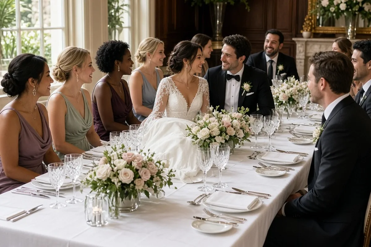 Bride and groom seated at the center of a long rectangular table with wedding attendants and elegant floral centerpieces in a banquet hall