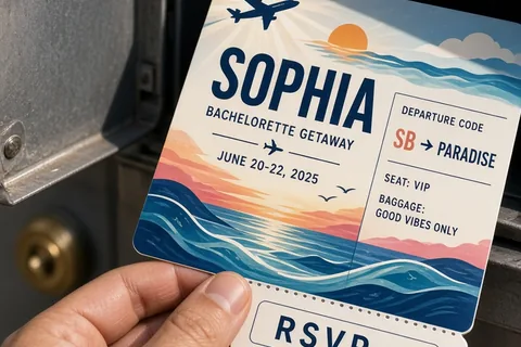 A hand pulling a custom bachelorette party airline boarding pass invitation out of an open mailbox